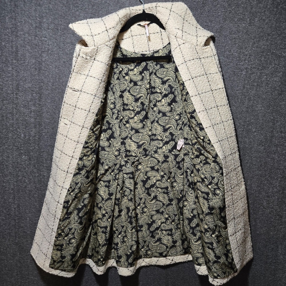 Free People Women's Check Grid Long Over Coat Jacket Sz 8 Ivory / Cream - Picture 9 of 11